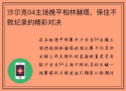 沙尔克04主场挽平柏林赫塔，保住不败纪录的精彩对决